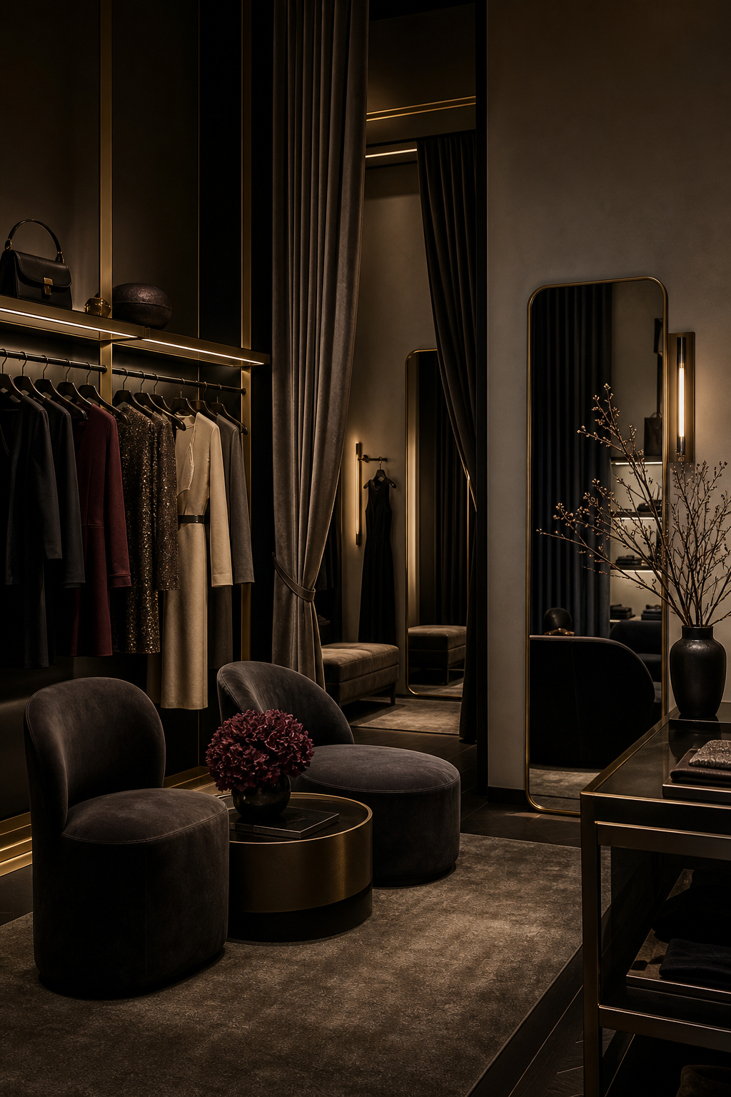 Luxurious designer boutique interior with a fitting-room vignette, plush seating, mirrored panels, and curated garments under warm cinematic lighting