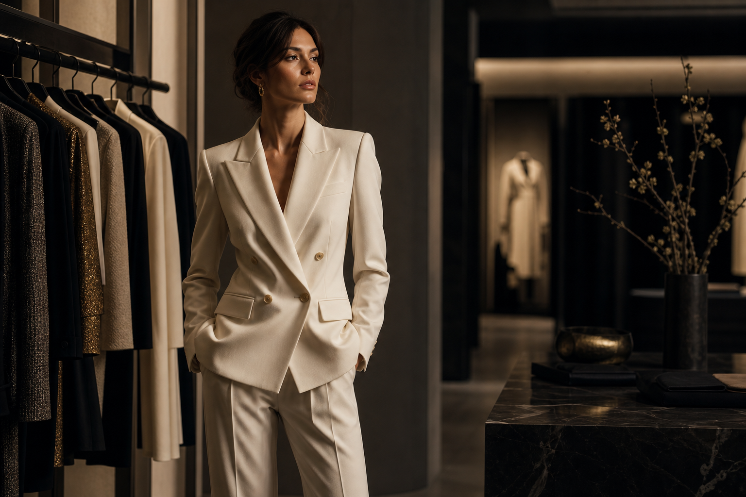Confident model in a sculpted ivory double-breasted blazer and tapered trousers, standing beside minimalist boutique racks