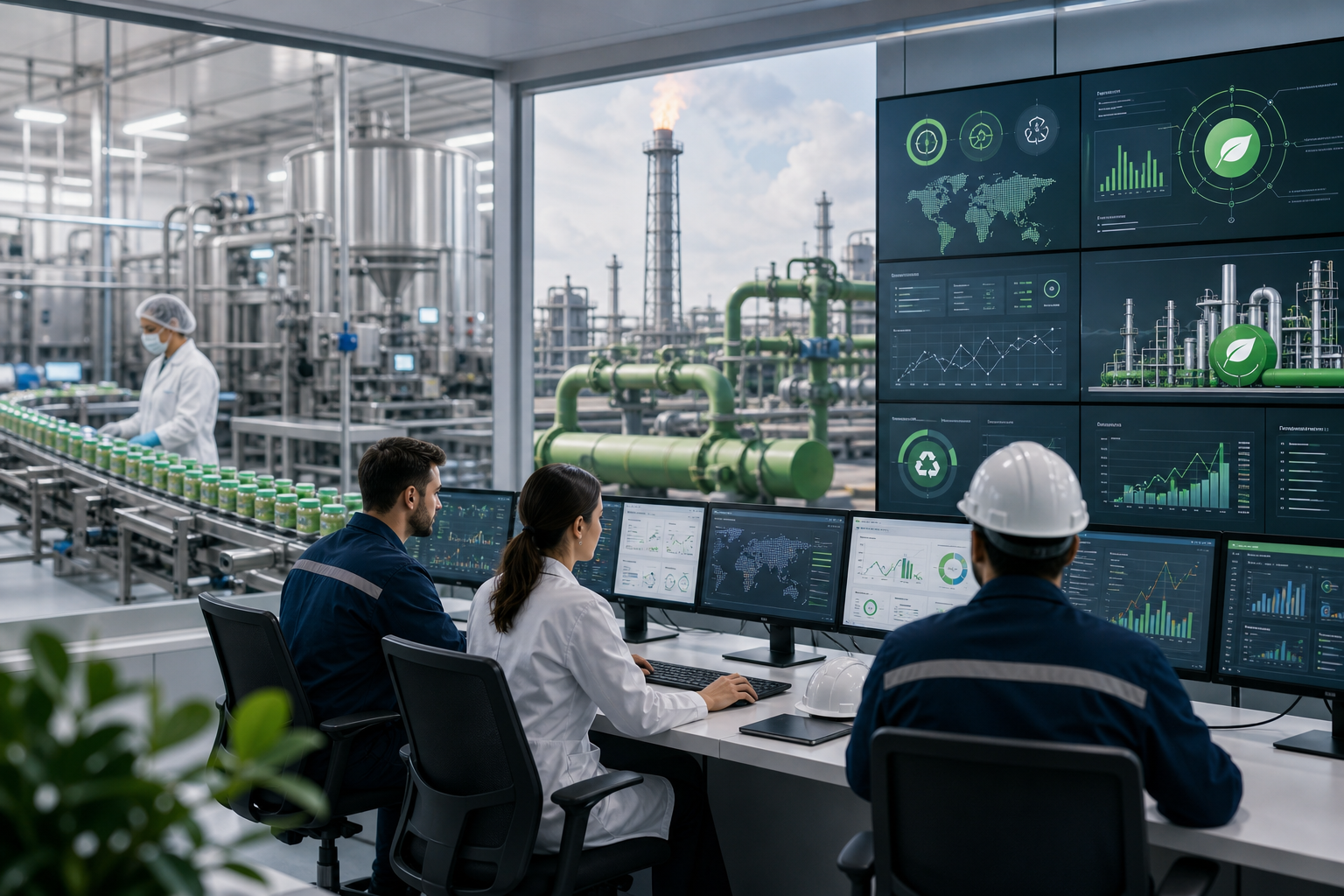 Food manufacturing facility, green energy pipelines, and sustainability monitoring screens in a modern industrial control room