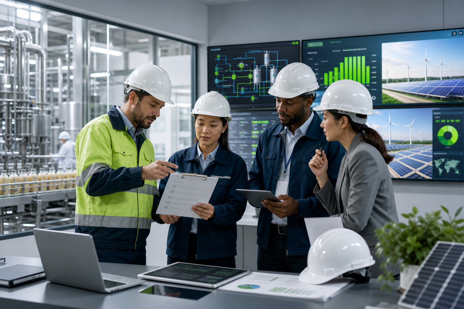 Quality and compliance training in an industrial control room, with engineers reviewing checklists beside process monitors for food manufacturing, energy, and sustainability operations