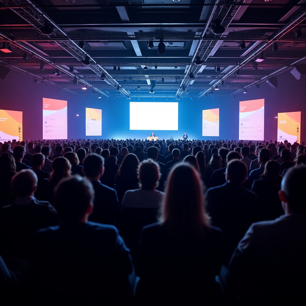 Wide conference hall with a lit keynote stage, multilingual screens, and an international audience seated in modern rows