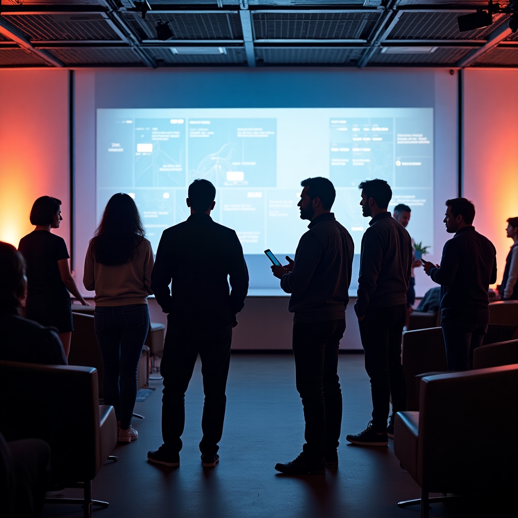 Diverse group of professionals networking in a modern conference lounge with digital screens and soft ambient lighting
