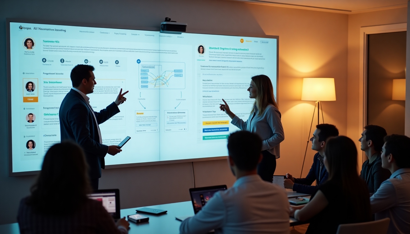 Facilitator guiding a small group through AI workflow planning on a whiteboard