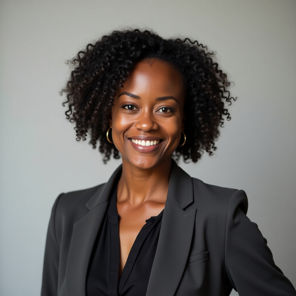 Portrait of Dr. Amara Ndlovu, a Black woman with short natural curls wearing a charcoal blazer