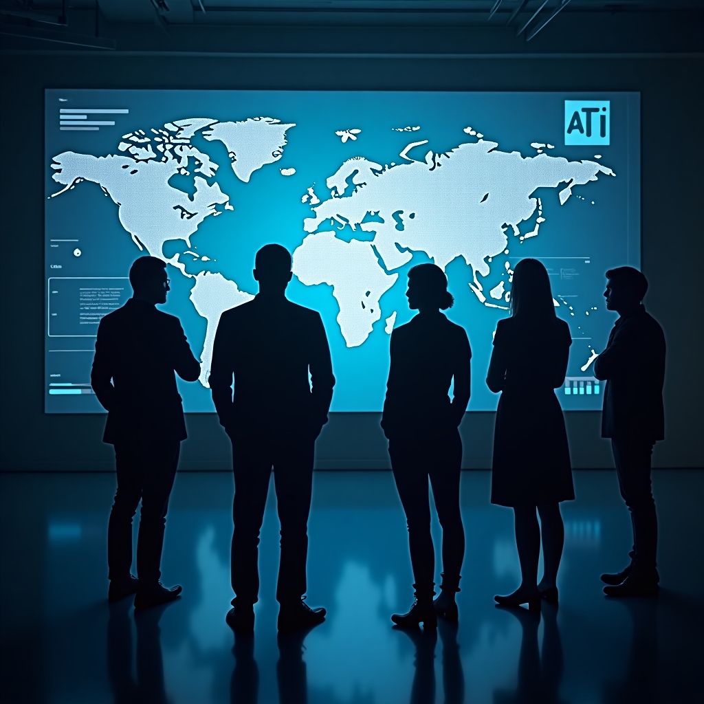 Editorial cover of a diverse group of technologists examining a transparent holographic AI interface with glowing ethical symbols