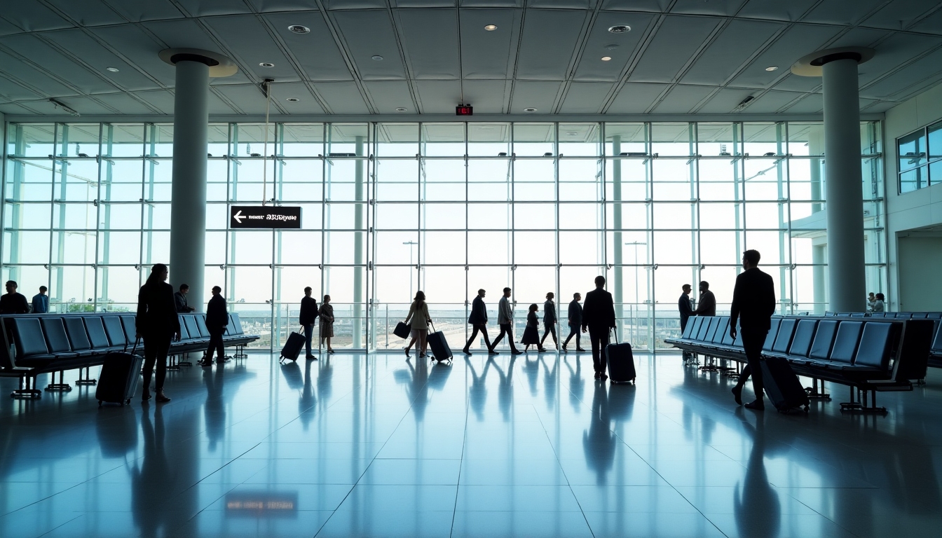Bright international airport arrivals hall with global signage and travelers walking with luggage