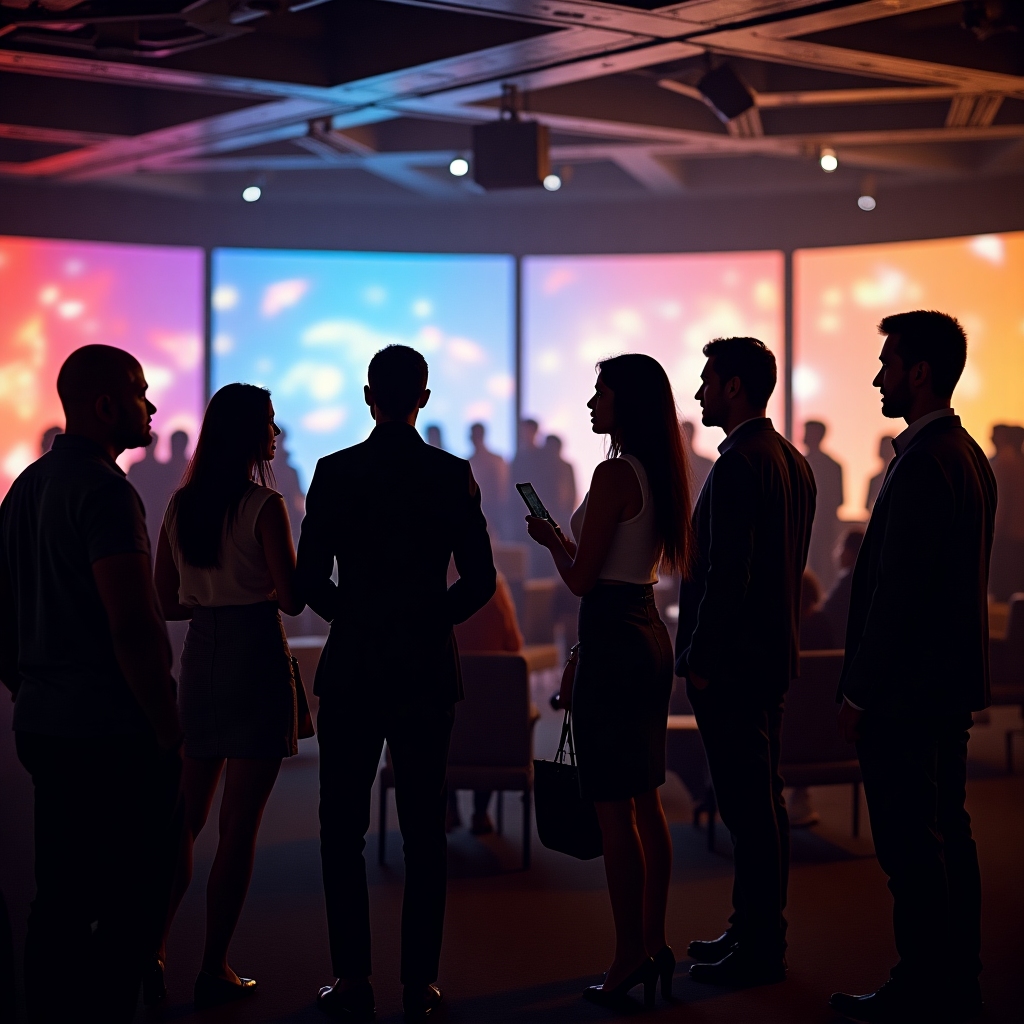 International attendees networking in a modern conference lounge with warm lighting and digital screens