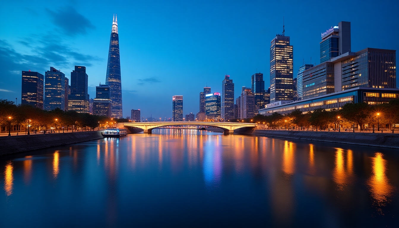 Evening city skyline with riverfront walkways, modern towers, and illuminated bridges