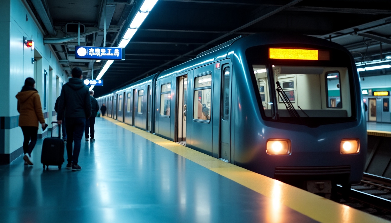 Modern metro train at a clean downtown station with multilingual route signage