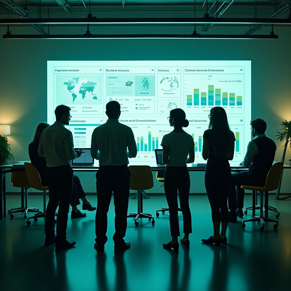Engineers analyzing renewable energy dashboards in a bright sustainable tech lab