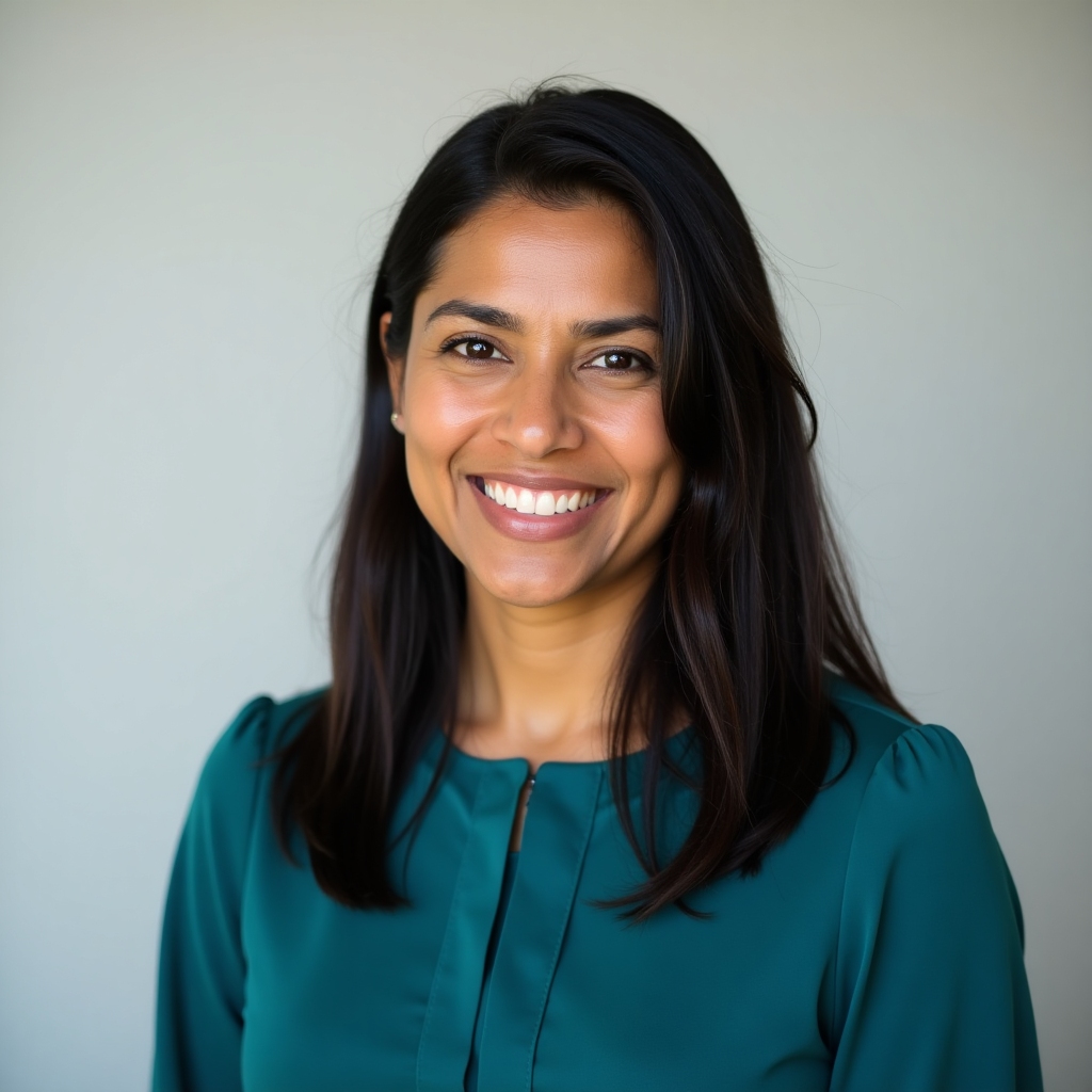 Portrait of Priya Desai, a South Asian woman with long straight hair wearing a teal blouse