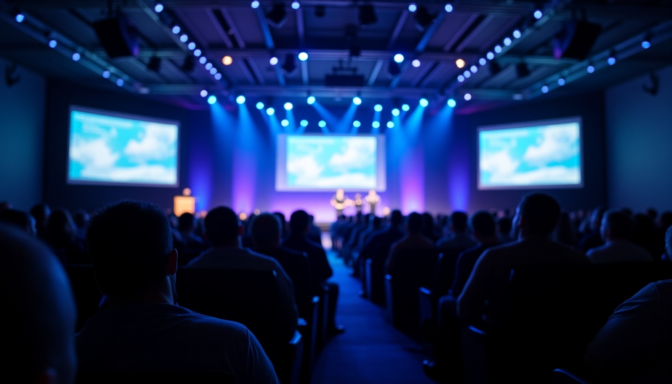 Diverse global conference audience watching a keynote under blue and violet stage lighting