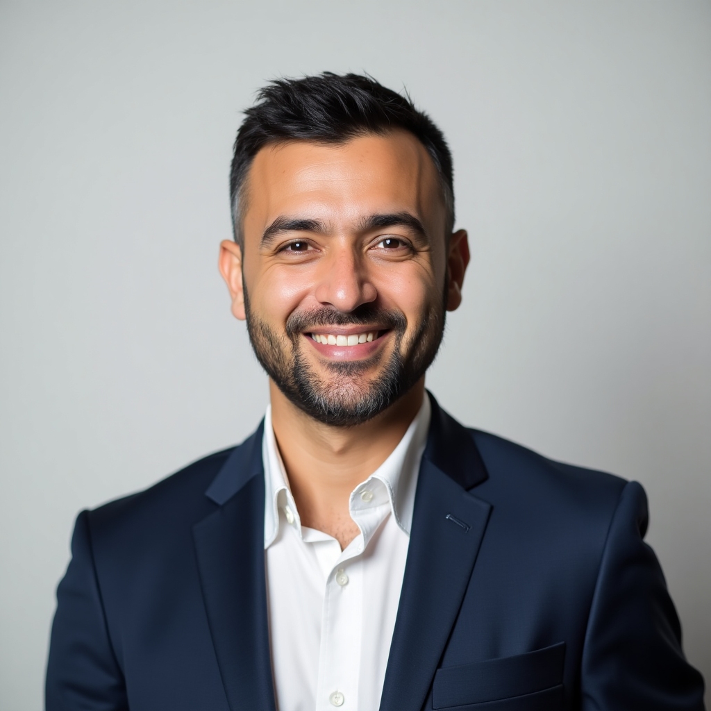 Portrait of Luis Ortega, a Latino man with a close-cropped beard in a navy suit