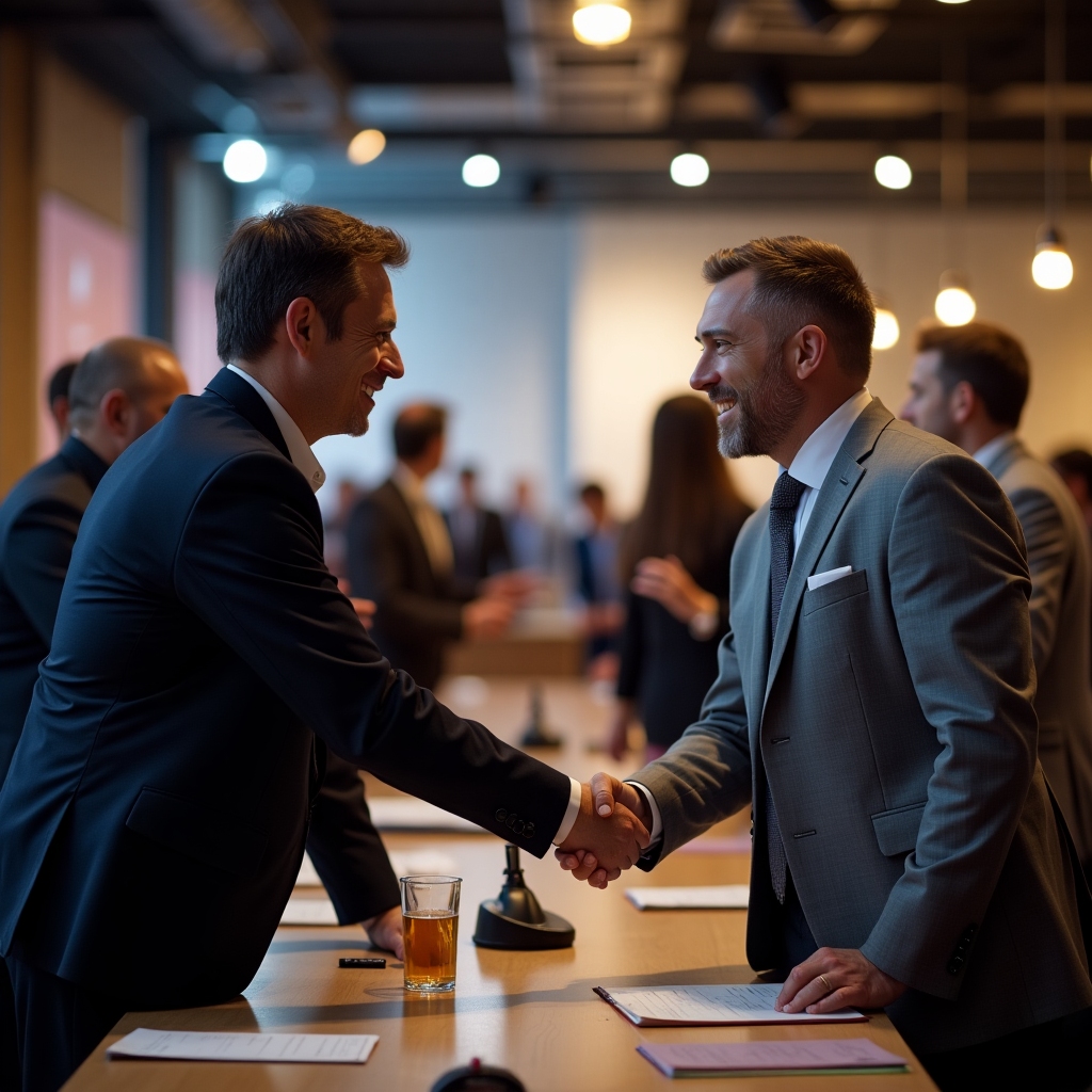 Two technology leaders shaking hands at a partnership signing with conference branding