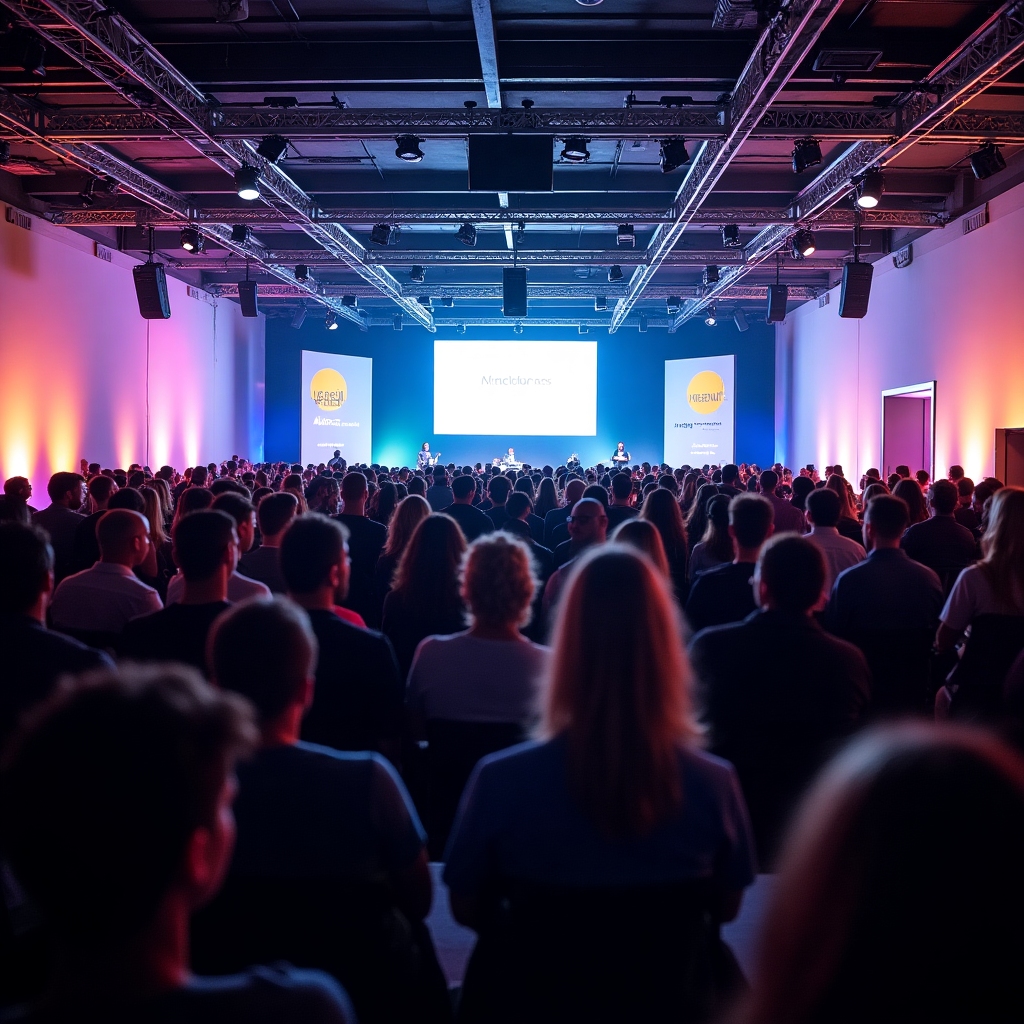 Sponsor activation lounge with interactive screens, branded booths, and attendees networking
