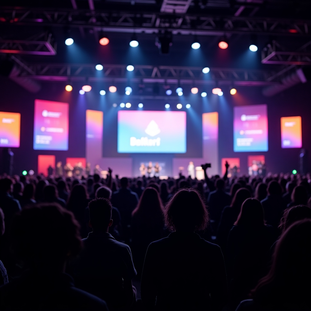 Wide-angle view of a main stage keynote with bright screens, diverse audience silhouettes, and photographers capturing the moment