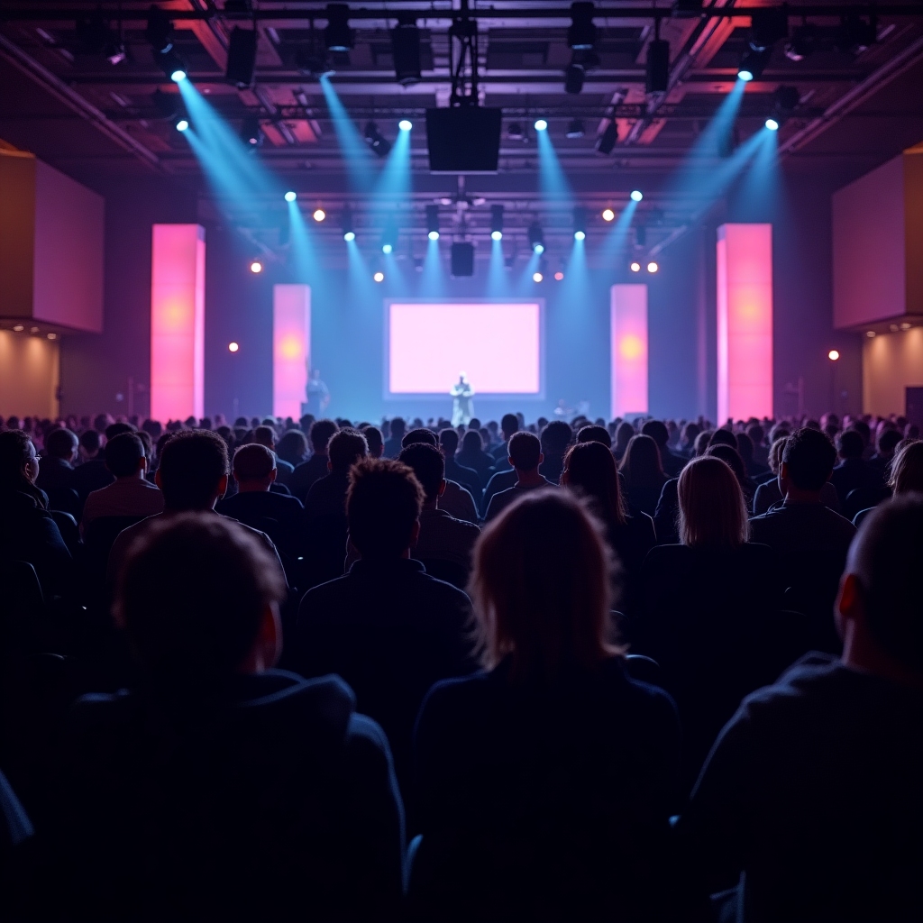 Diverse audience at a global technology conference listening to a keynote speaker under dramatic stage lighting