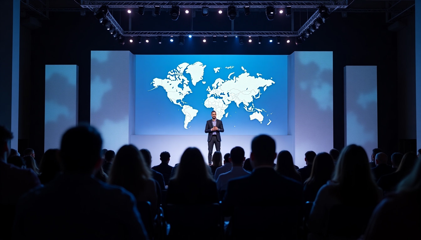Keynote speaker presenting on a large stage with a world map backdrop