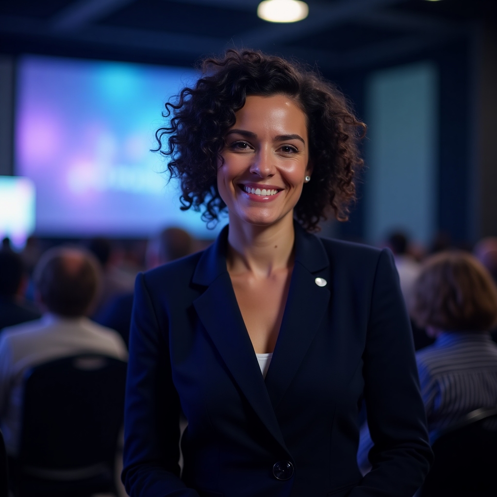 Portrait of a global AI researcher speaking on stage with soft spotlighting