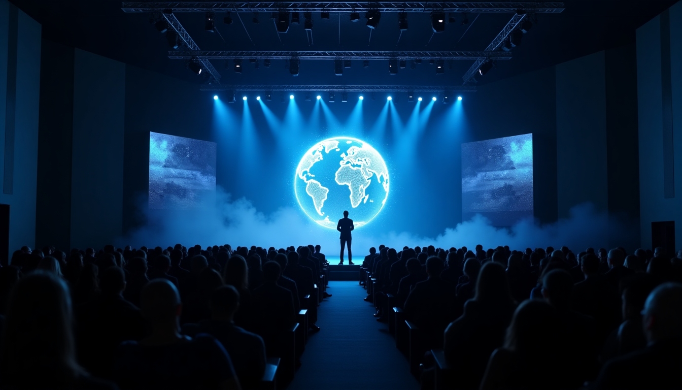 Illuminated conference stage with a large digital globe backdrop and an audience seated in a modern auditorium