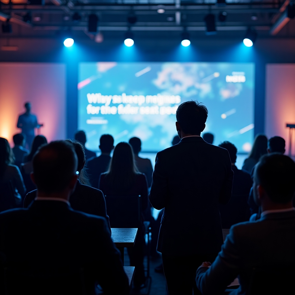 Conference stage scene with a leader speaking to a hybrid audience of in-person and remote attendees on large screens