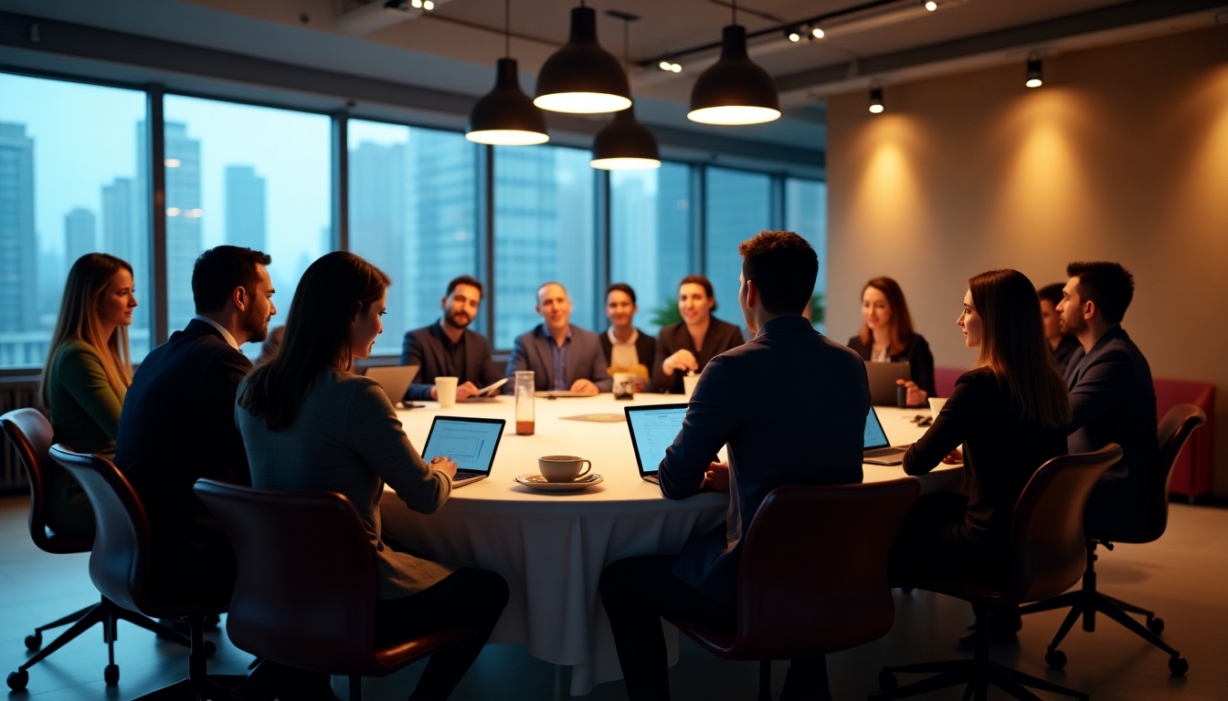 Diverse leaders seated in a roundtable discussion with notes and tablets