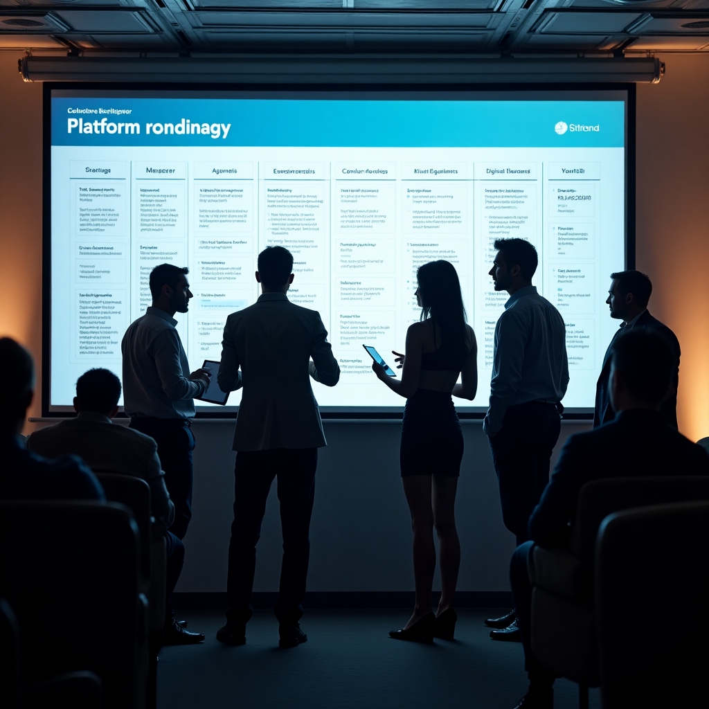 Product leaders reviewing a global platform roadmap on a large digital wall
