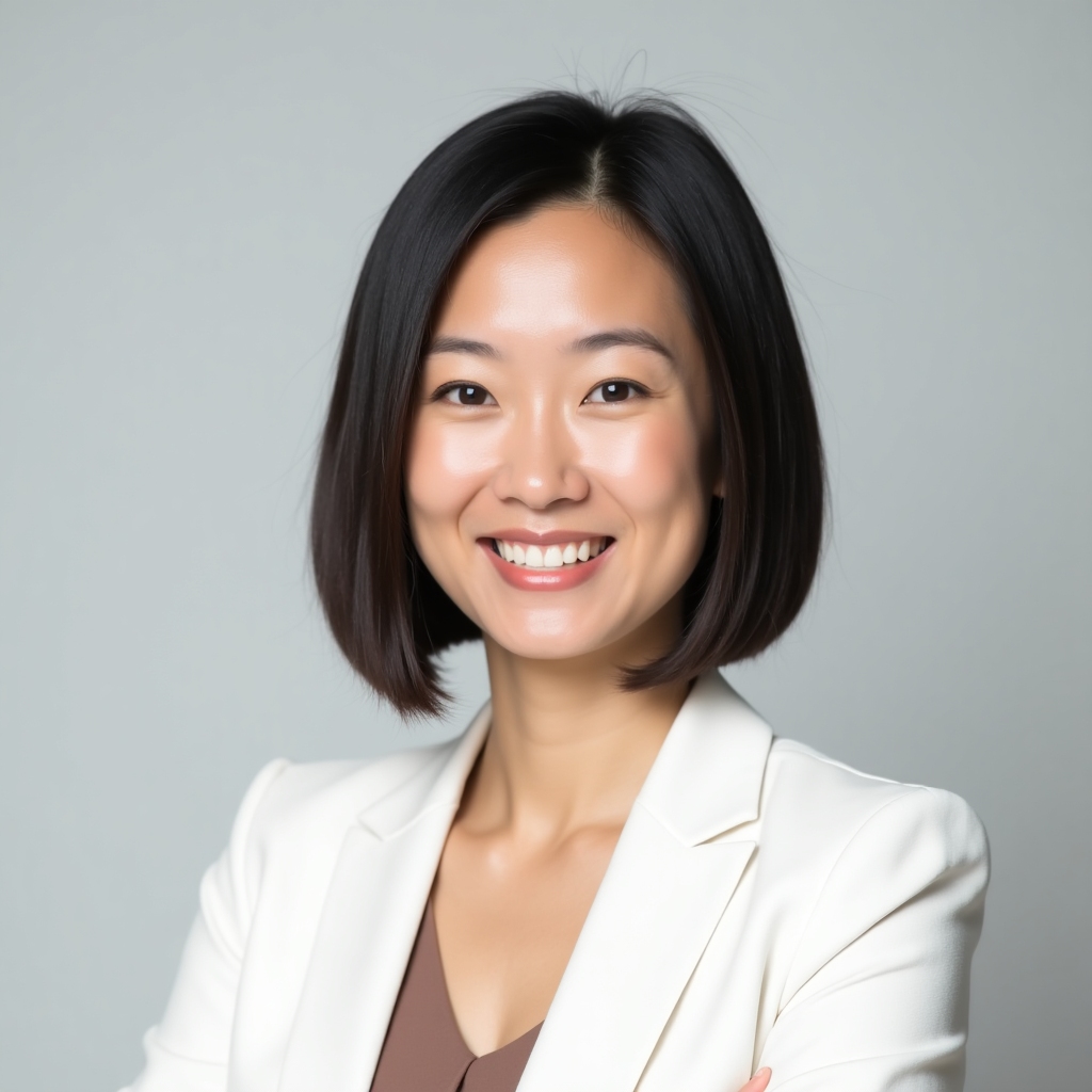Portrait of Mei Chen, an East Asian woman with a sleek bob haircut wearing a white blazer