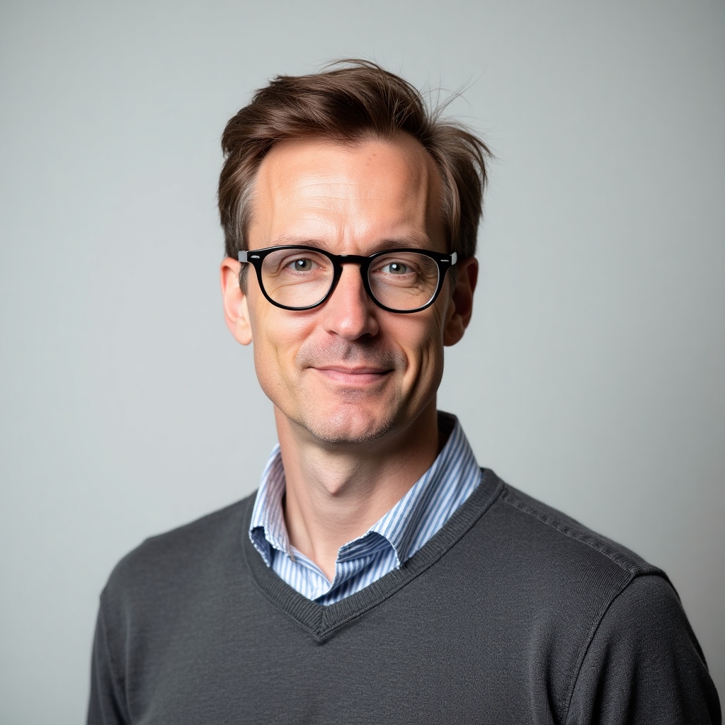 Portrait of Jonas Holm, a white man with light brown hair and glasses wearing a gray sweater