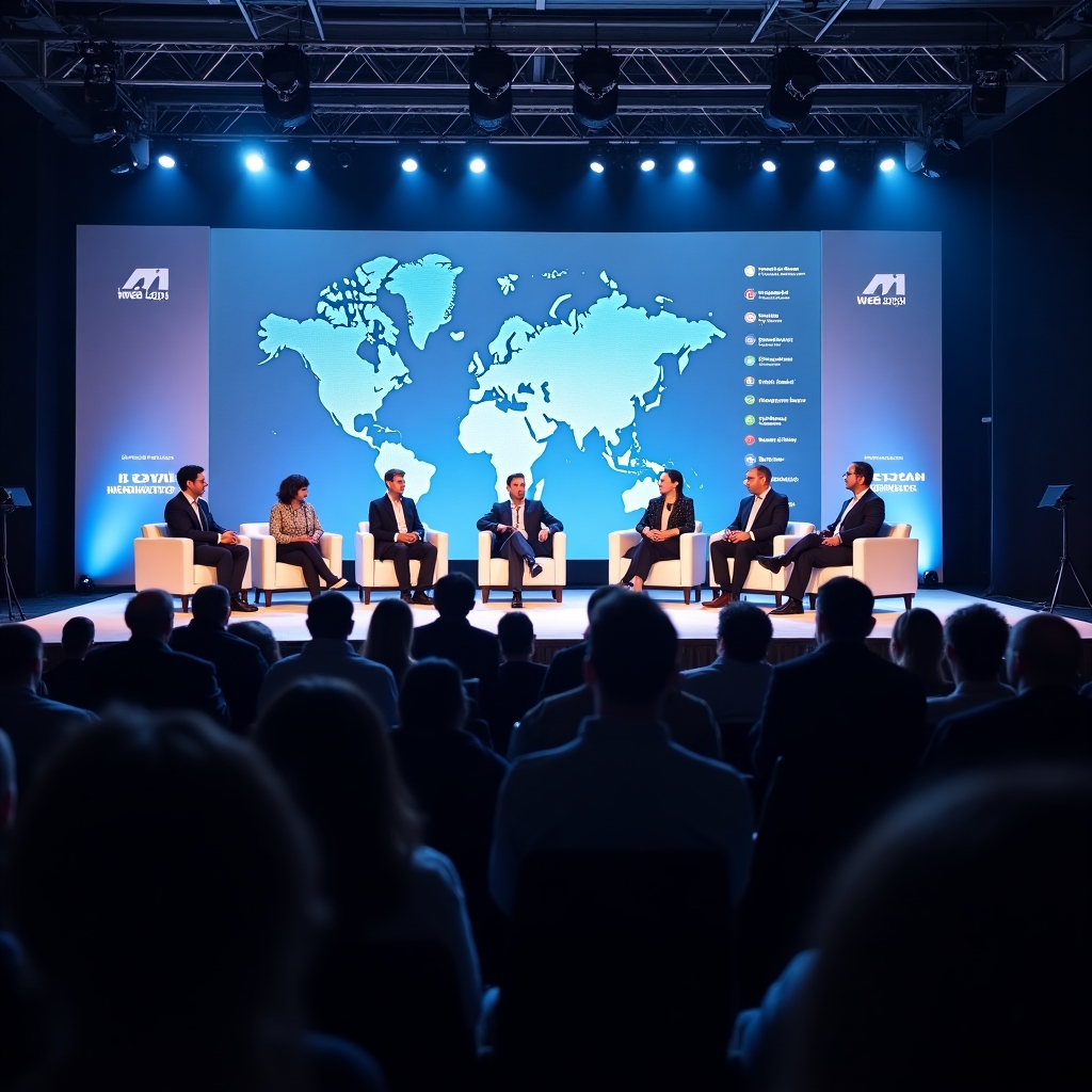 Panel of global AI researchers discussing safety frameworks in a modern conference room