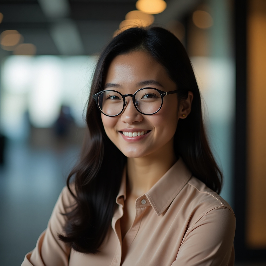 An East Asian female AI researcher with long dark hair and round glasses, wearing a soft beige blouse, photographed in a studio with warm gradient lighting