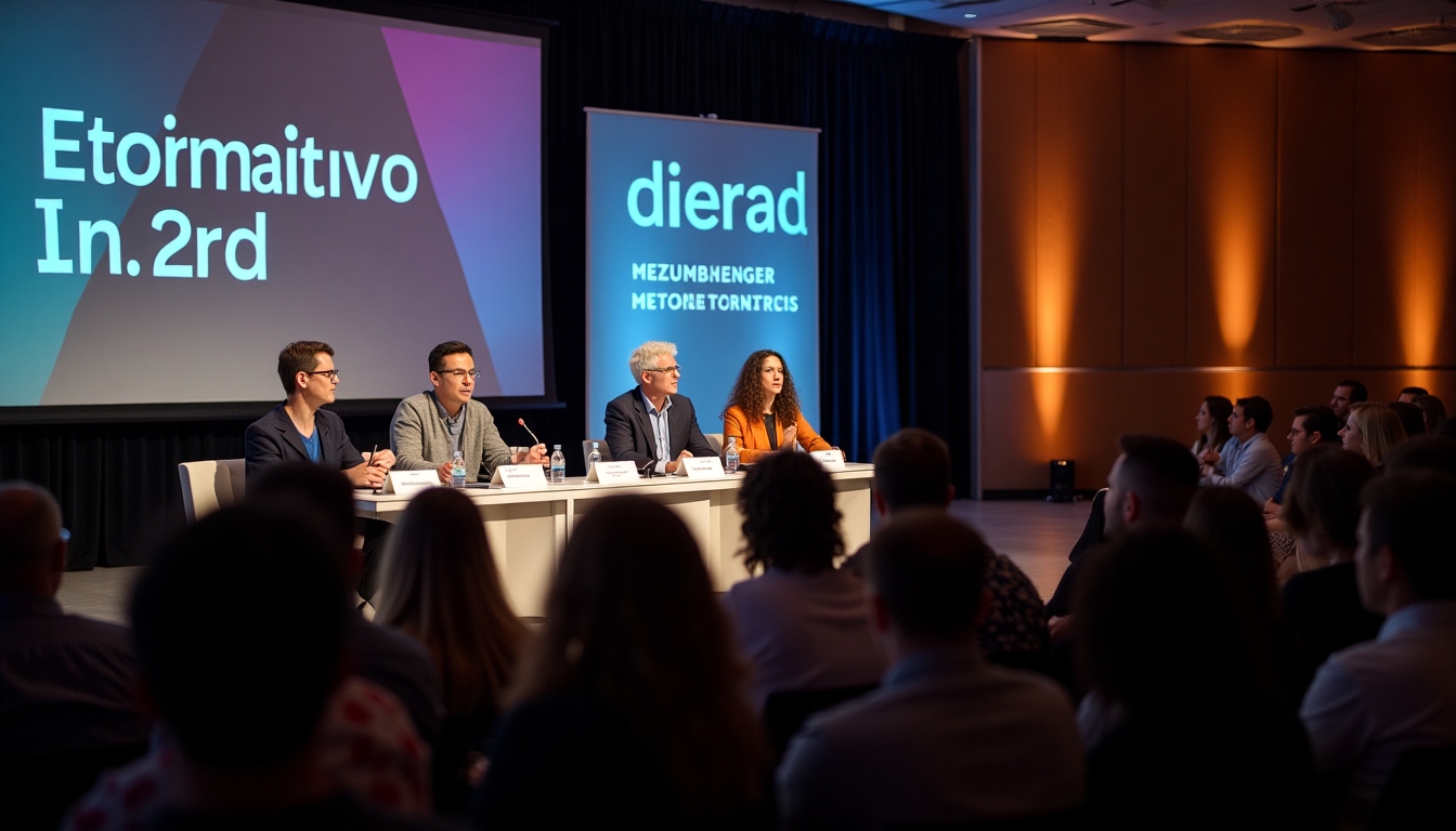 Diverse panelists in a roundtable discussion with audience in a modern conference hall