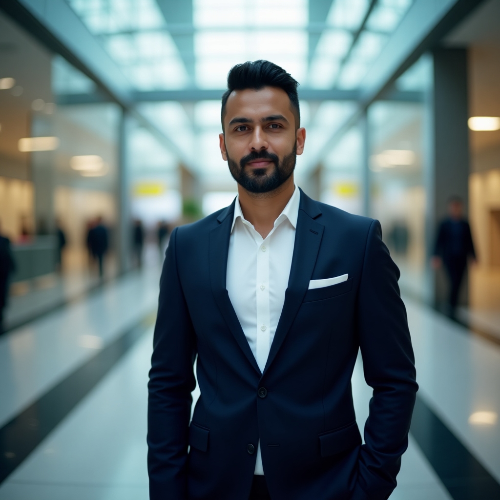 A South Asian male founder with a neatly trimmed beard, wearing a navy suit and white shirt, posed in a modern glass atrium