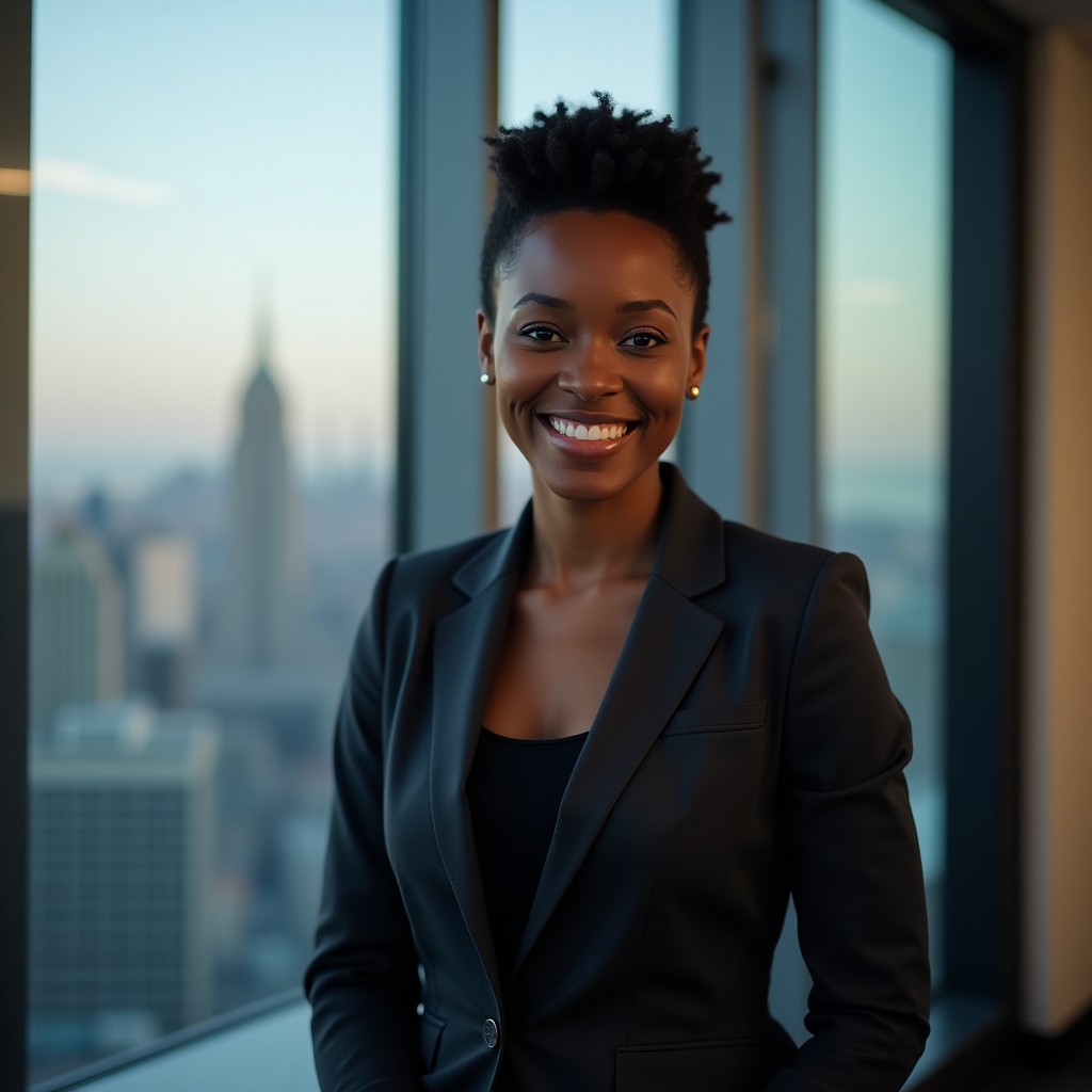 A confident Black female tech executive with short natural hair in a tailored charcoal blazer, photographed against a softly lit city skyline backdrop