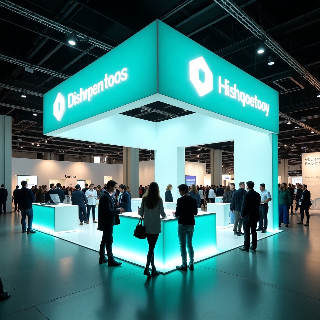 Minimalist exhibition pavilion with glowing teal signage and attendees networking