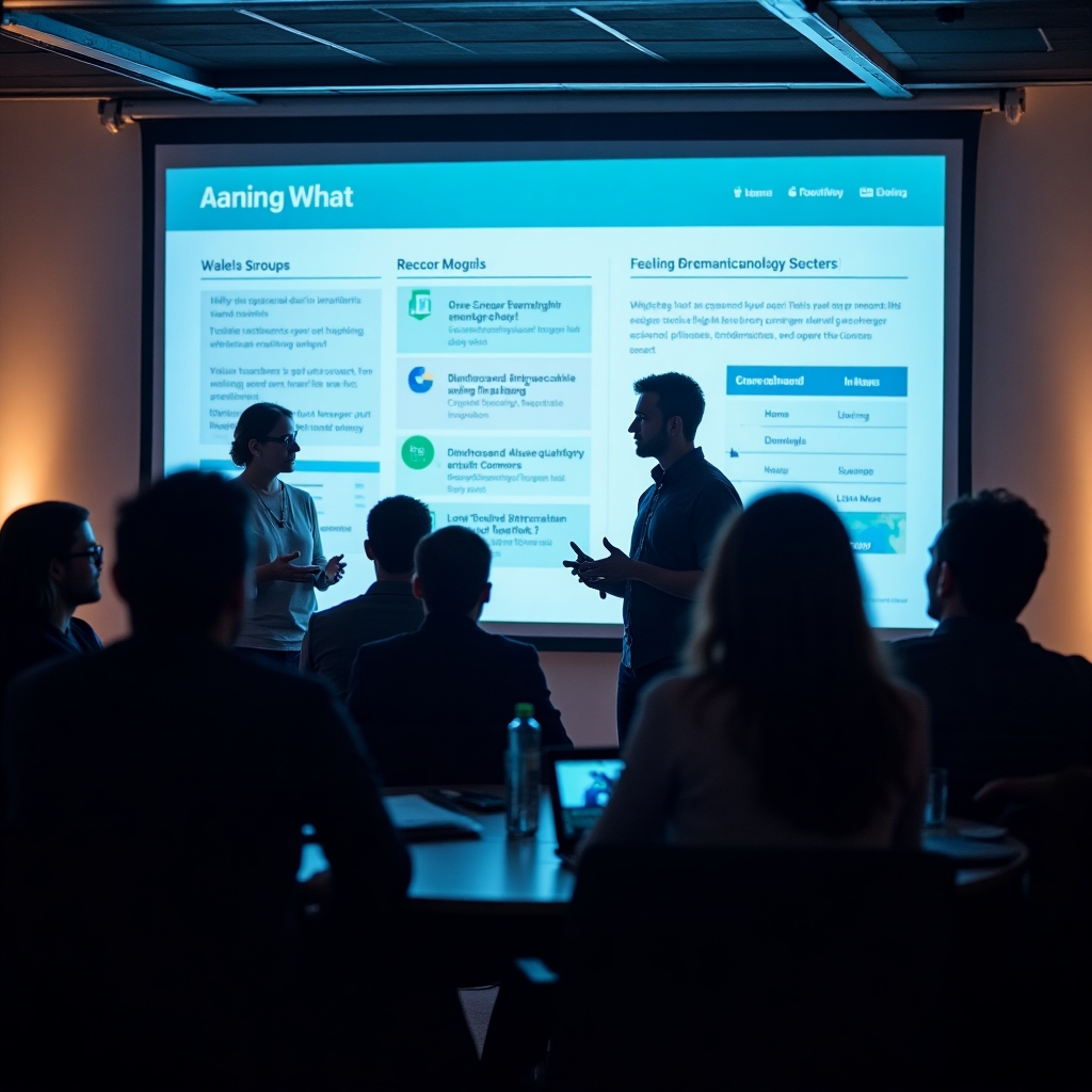 Minimalist illustration of a founder presenting a product roadmap to an international team in a modern office