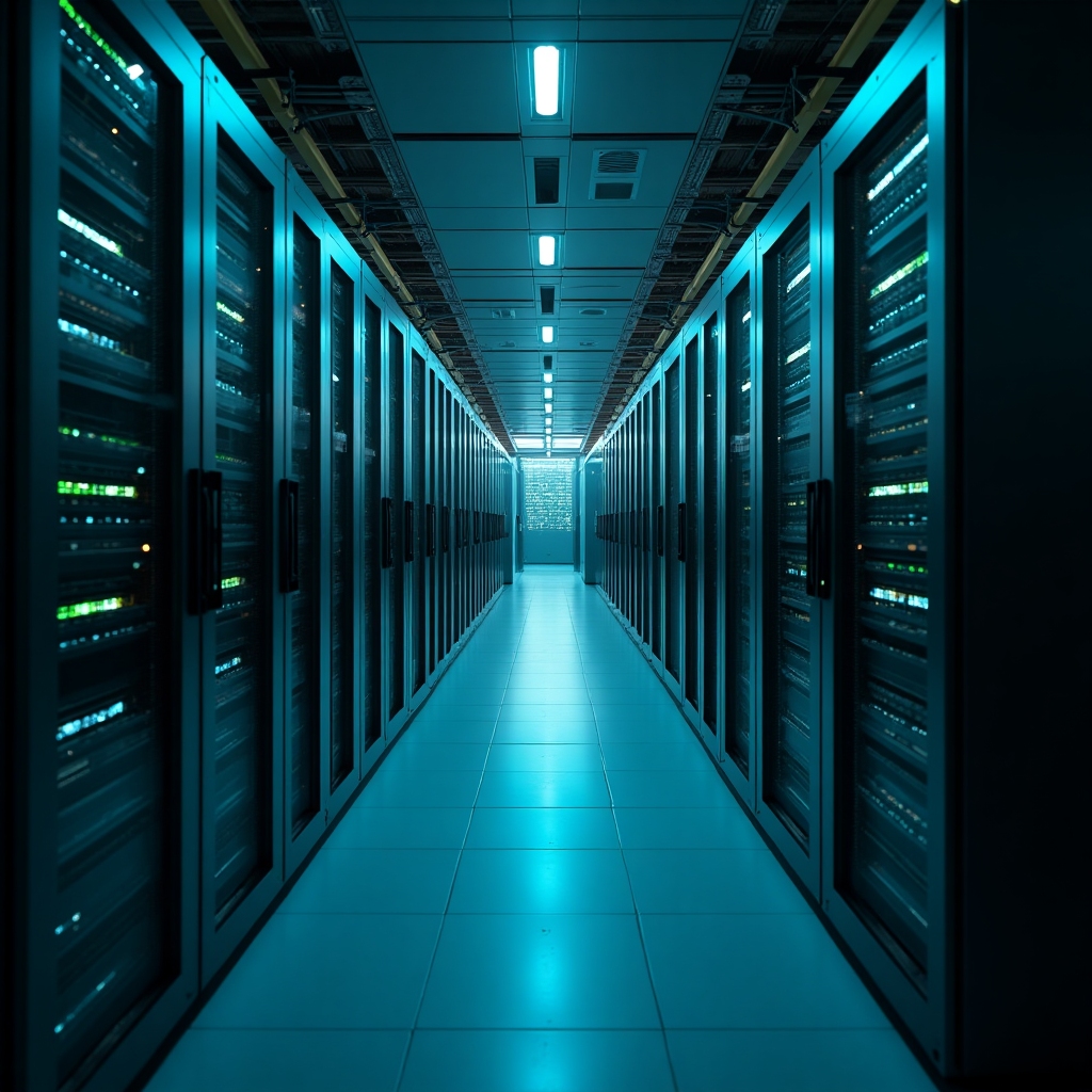 Close-up of energy-efficient data center racks with green lighting and plant accents