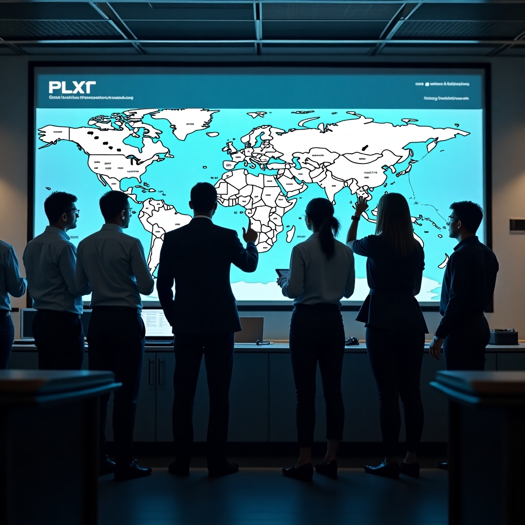 Conference operations team reviewing travel maps and schedules in a control room