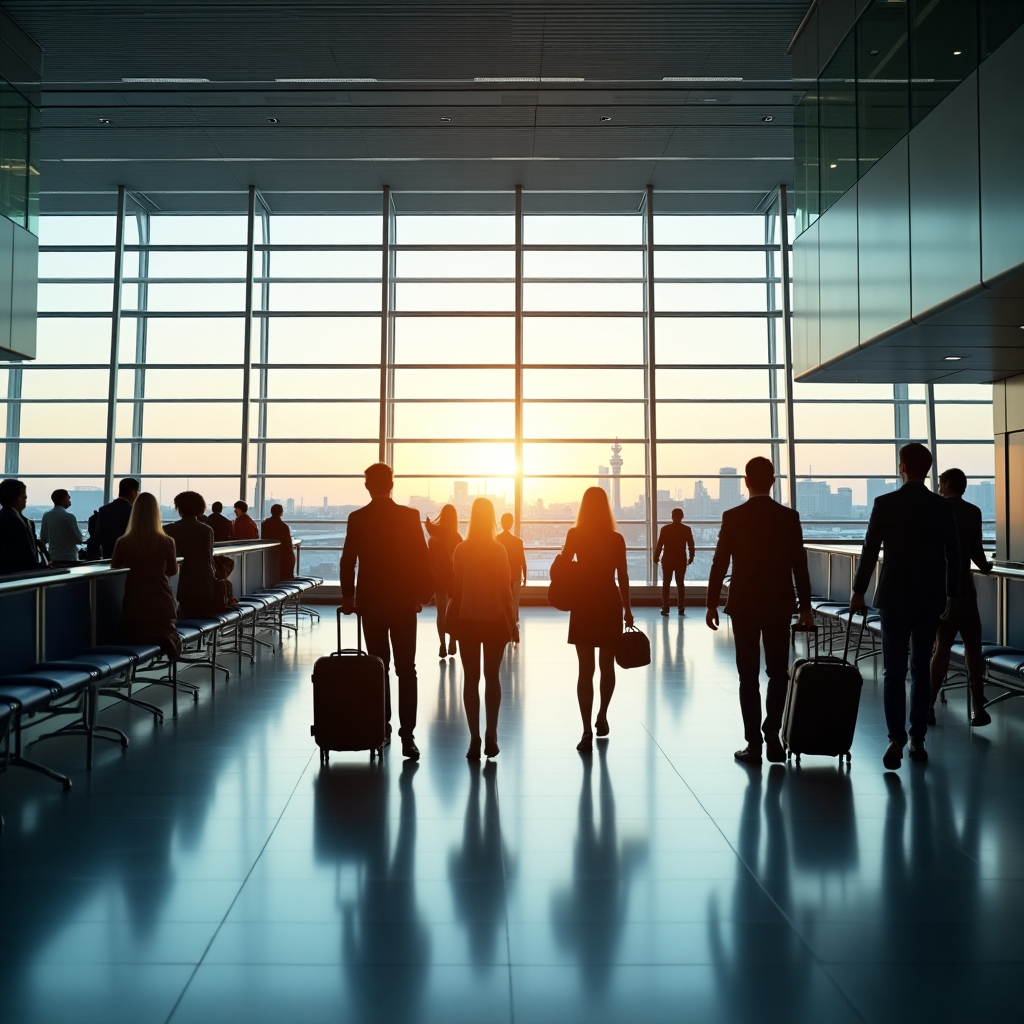 Busy international terminal with directional signage and travelers pulling luggage