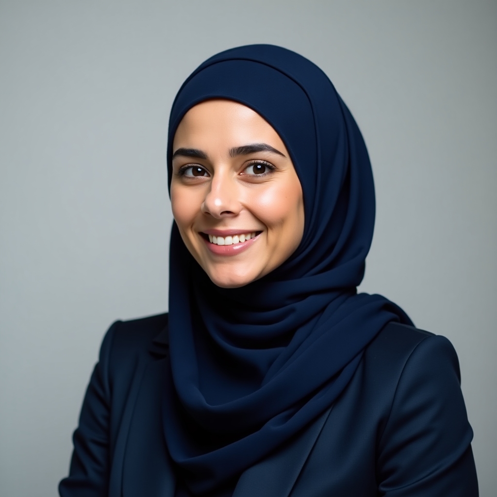 Portrait of Amina El-Sayed, a Middle Eastern woman wearing a navy hijab and tailored jacket