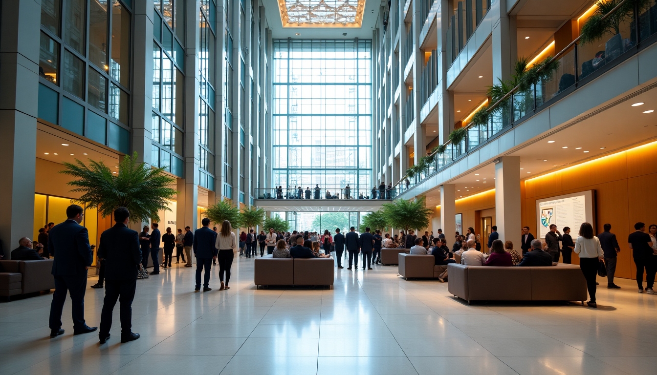 Grand atrium of a modern conference center with glass walls, indoor greenery, and international attendees gathering