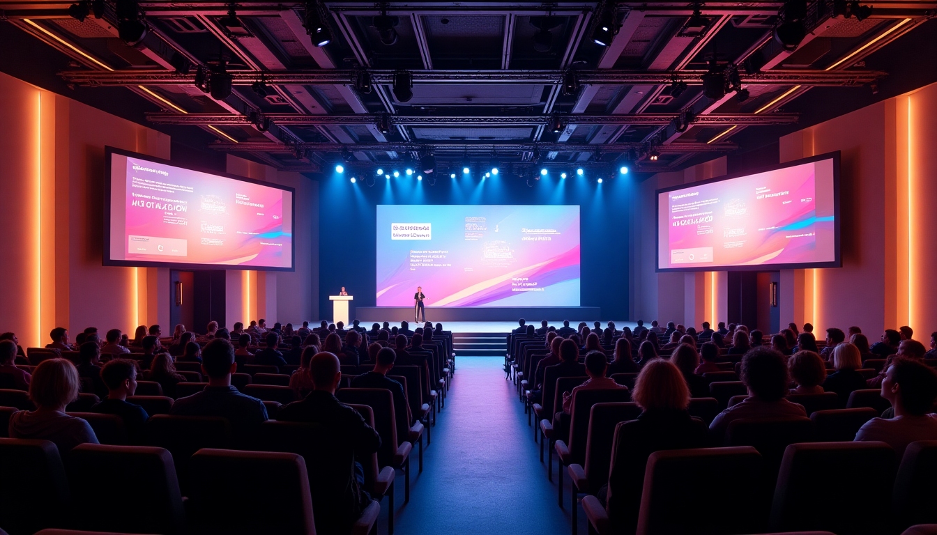 Spacious main stage hall with tiered seating, panoramic LED walls, and soft architectural lighting
