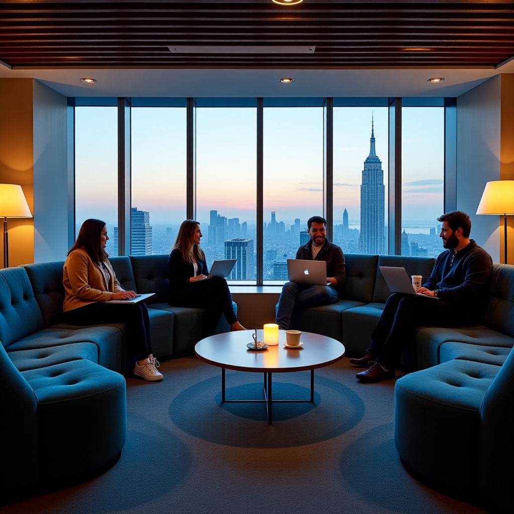 Bright networking lounge with circular seating pods, warm lighting, and a city skyline view