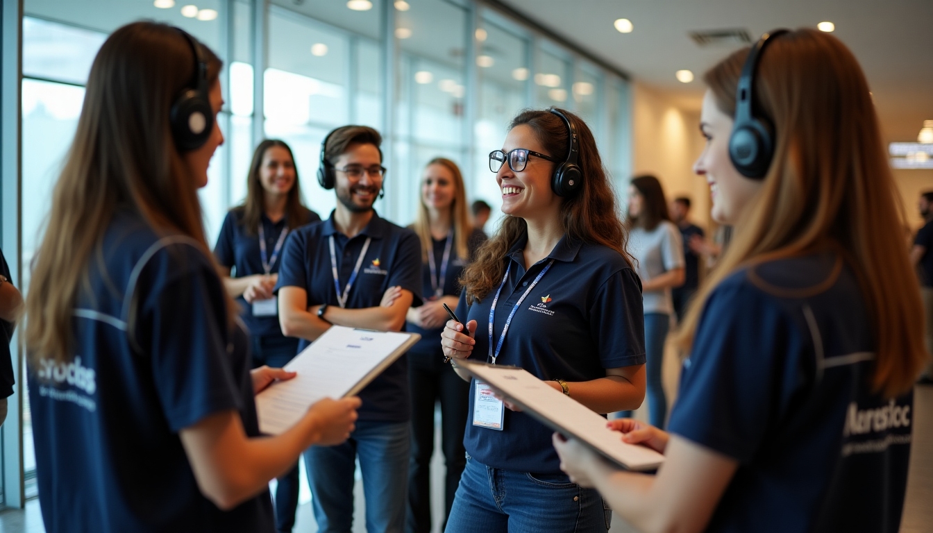 Diverse group of conference volunteers in branded shirts huddling with clipboards and headsets, smiling in a modern venue lobby