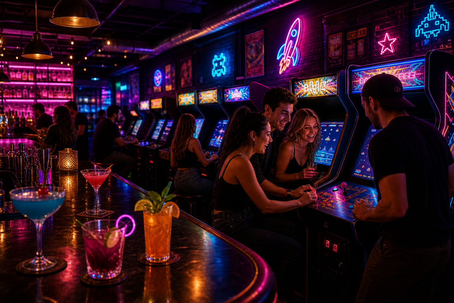 Neon-lit arcade bar with glowing game cabinets, colorful cocktails on a sleek counter, and a lively group of friends competing and laughing