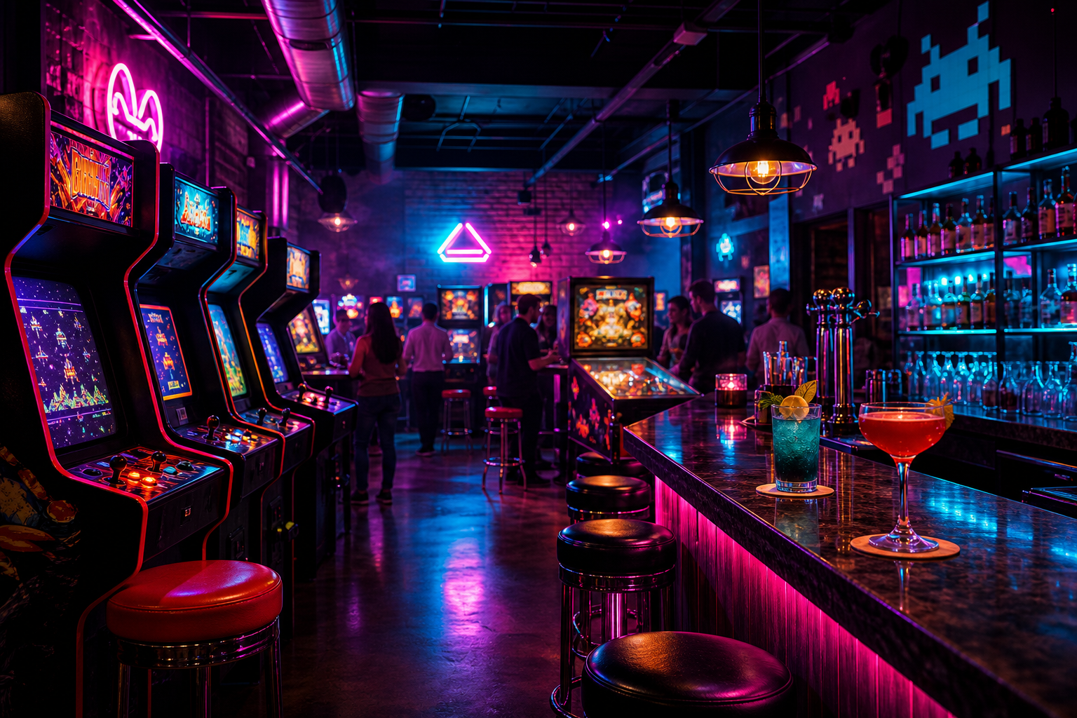 Neon-lit arcade bar interior with glowing cabinets, magenta and cyan lighting, and a lively nighttime atmosphere