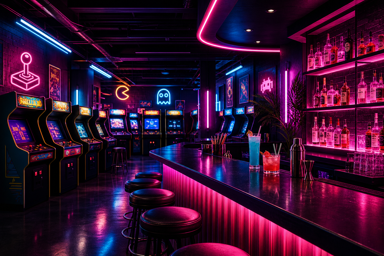 Neon-lit arcade bar with classic cabinets, glowing magenta and cyan lights, and a sleek cocktail counter