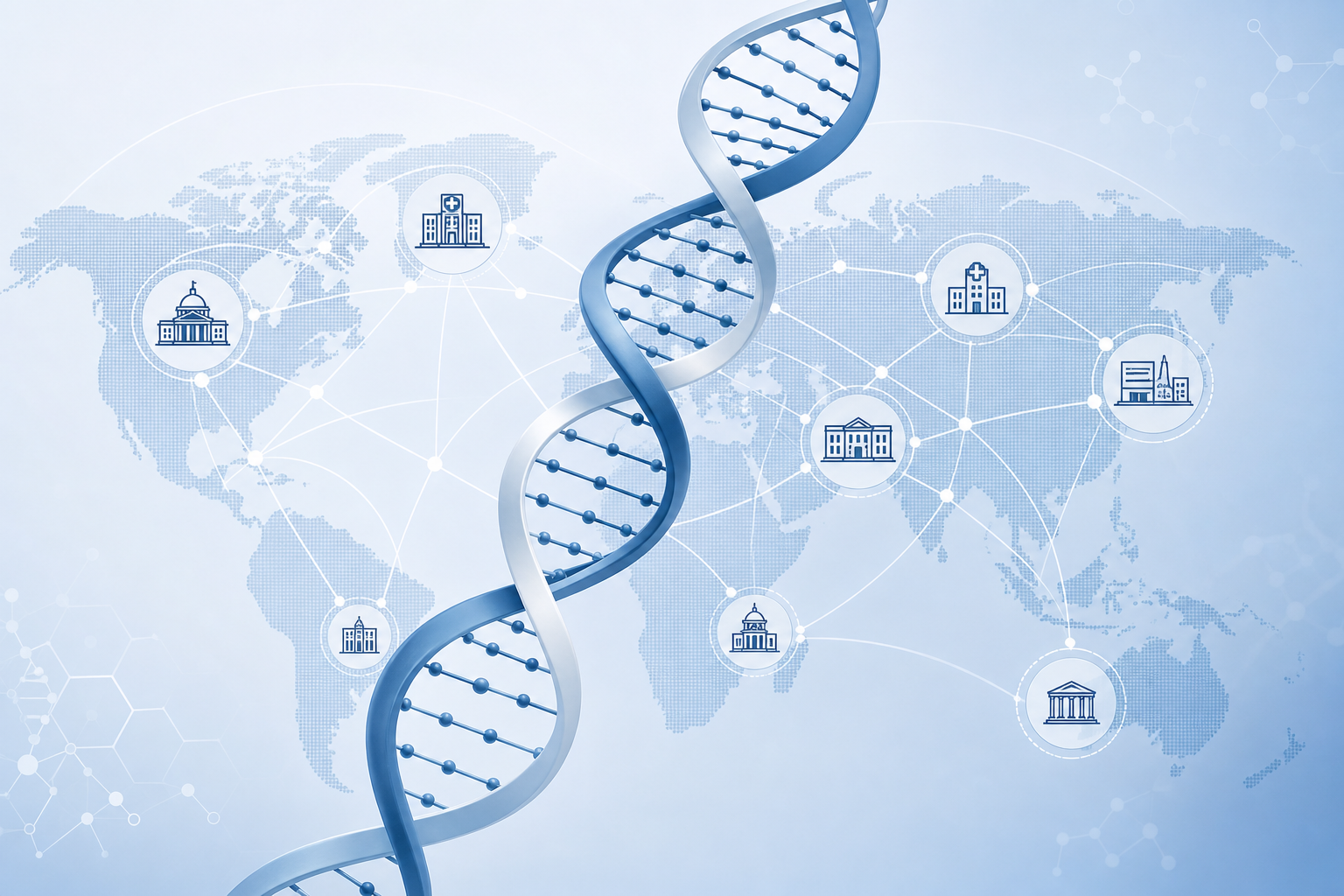Swiss-style DNA and global academic network illustration linking medical universities, teaching hospitals, and research institutions through clean node pathways