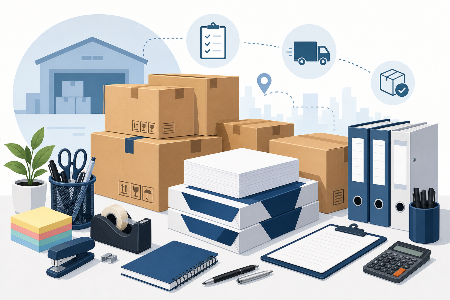 Professional abstract illustration of organized business supplies, featuring neatly arranged boxes, office items, and logistics elements in a clean corporate style