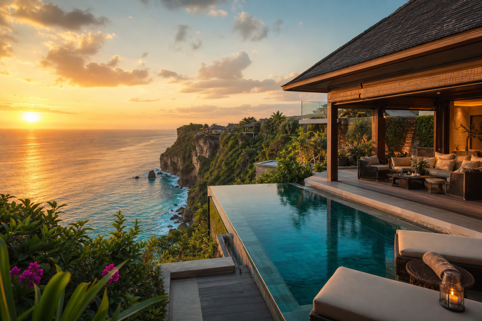 Cliffside villa in Bali with infinity pool overlooking turquoise ocean and lush tropical forest